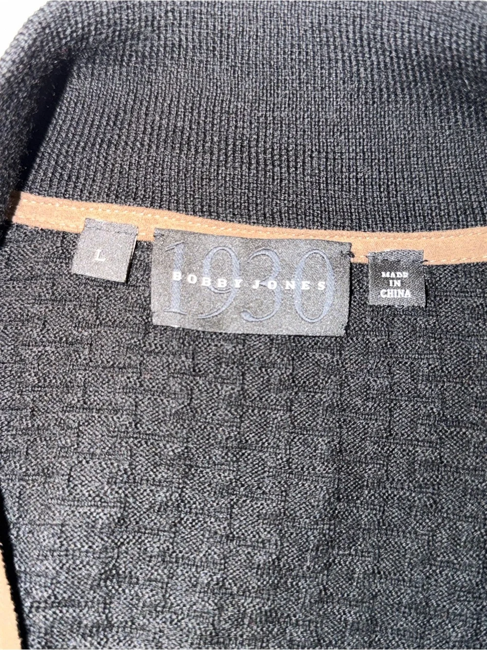 Bobby Jones Black Zip-Front Textured Knit Sweater with Tan Pull